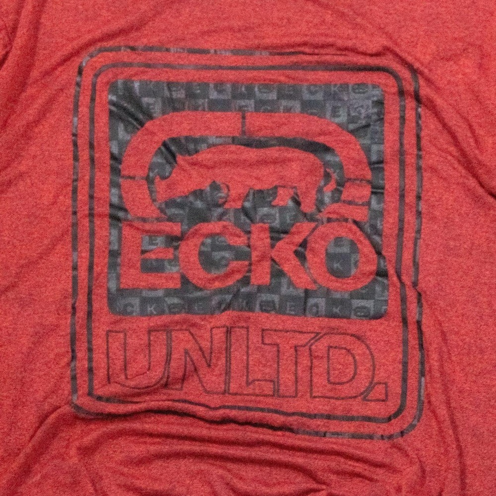 Y2K Style Ecko Unlimited Big Print Burgundy Red Double Stitch T-Shirt - Picture 5 of 8